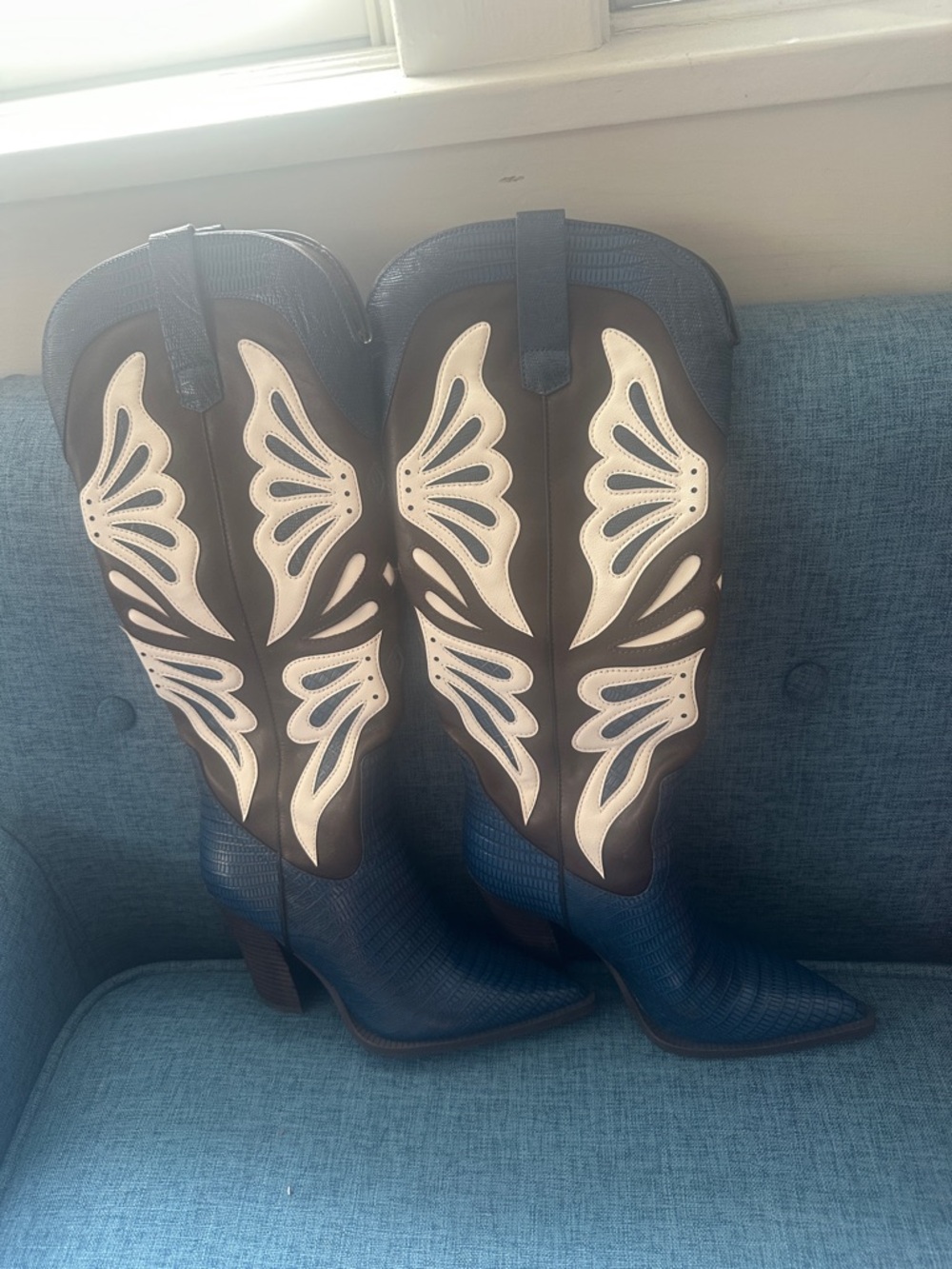 Steve Madden Kaz Blue Knee-High Cowboy Boots with Cream Overlay